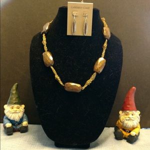 Brown Carved Stone Necklace w/ Matching Earrings